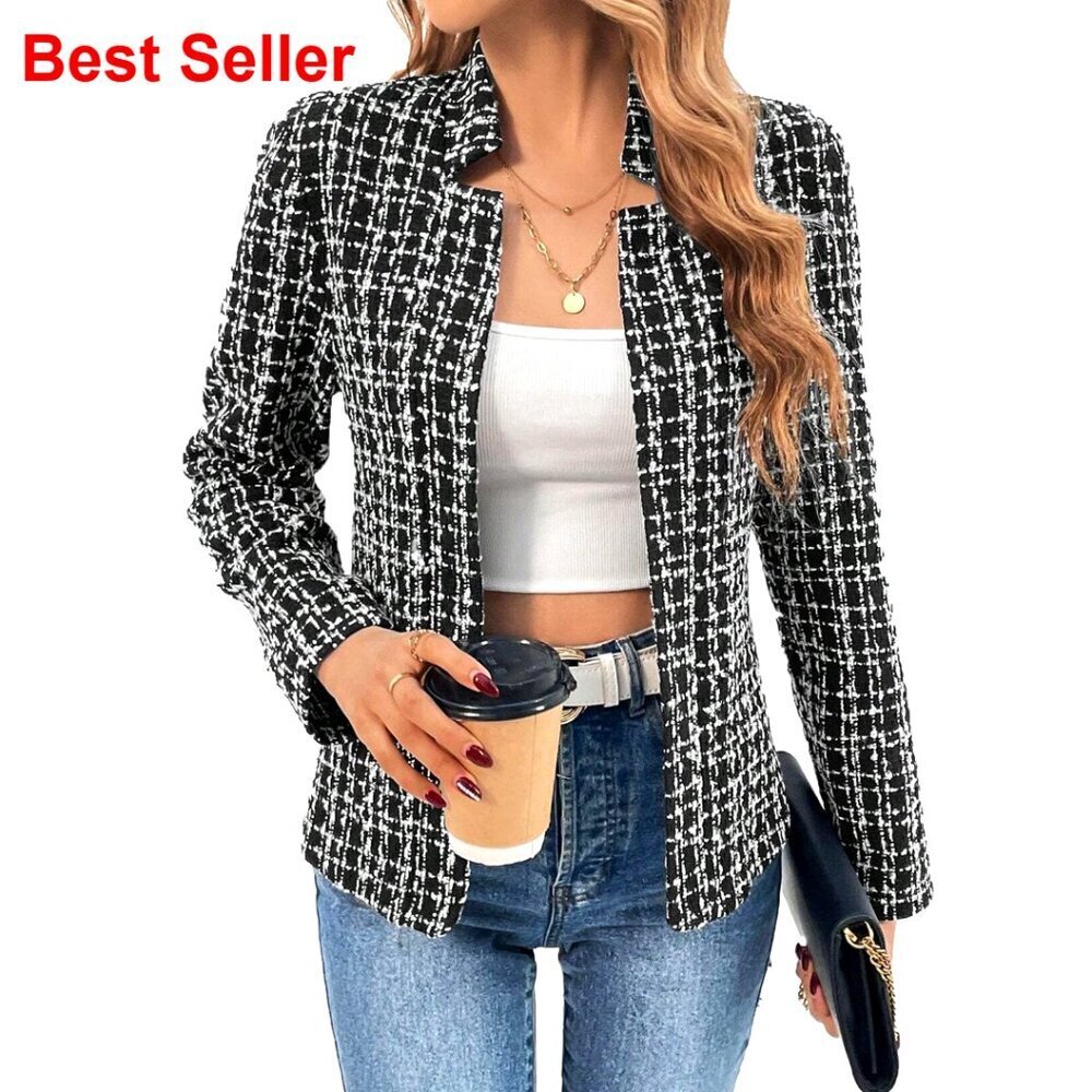 Tweed Blazer Jacket Fully Lined Open Front Notch Collar Slim Fit